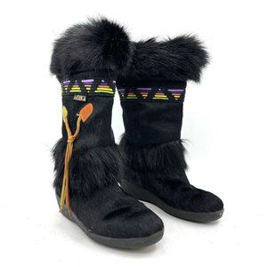 Vintage Tecnica Fur Boots Black with Colored Stripe Women's Size EU 38 / US 7